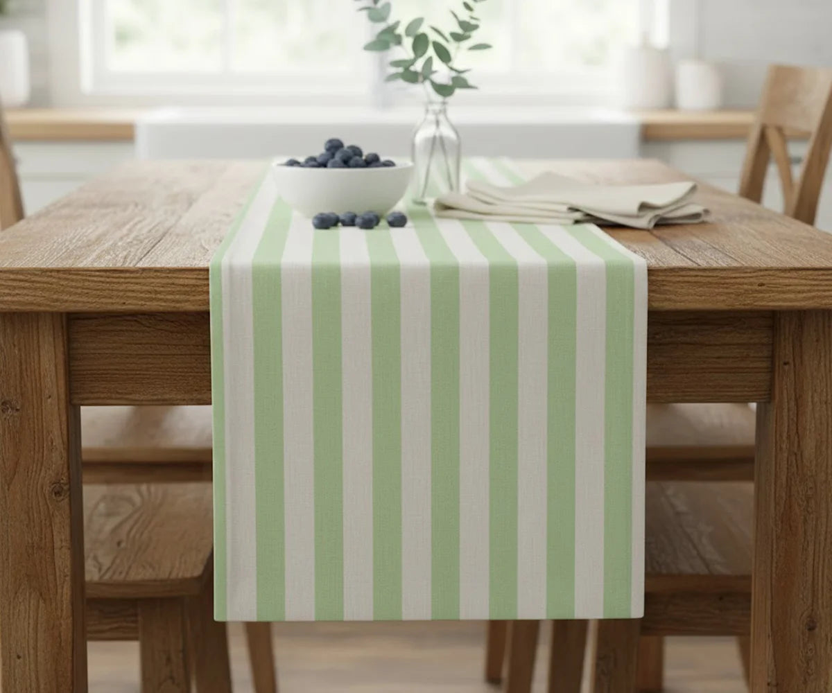 Green and white striped table runner for farmhouse dining Green and white striped table runner for farmhouse dining