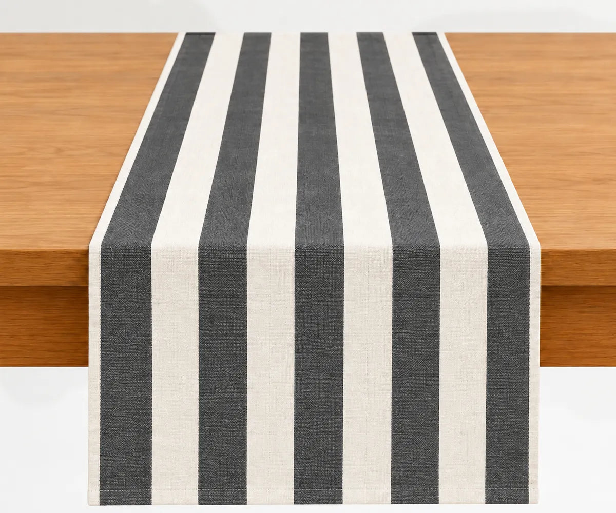 100% cotton striped table runner designed to add a casual yet polished look to dining tables and seasonal gatherings 100% cotton striped table runner designed to add a casual yet polished look to dining tables and seasonal gatherings