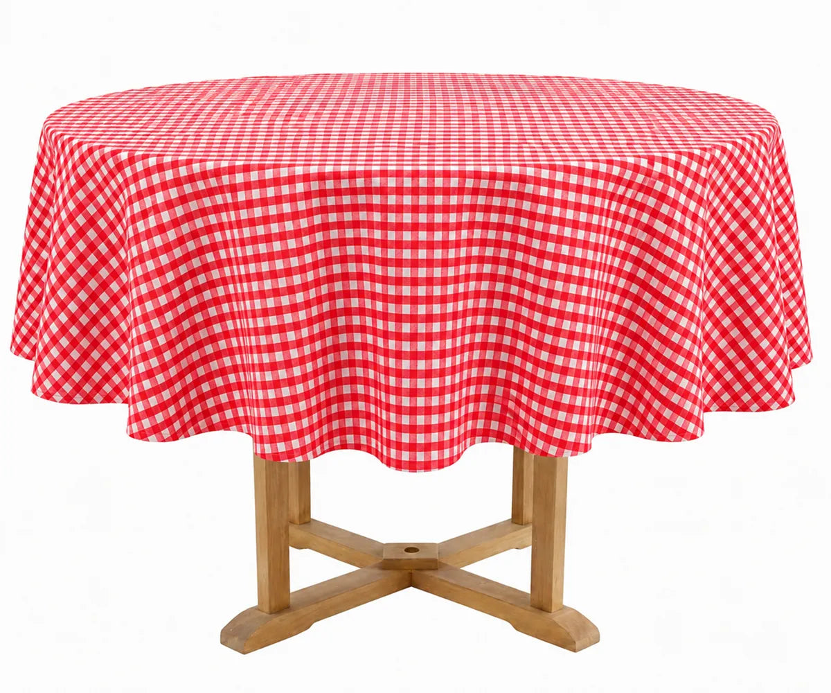 Red Round Gingham Tablecloth in 100% cotton with a classic red and white plaid check pattern, styled on a round dining table for holiday entertaining, farmhouse décor, family meals, and everyday dining. Red Round Gingham Tablecloth in 100% cotton with a classic red and white plaid check pattern, styled on a round dining table for holiday entertaining, farmhouse décor, family meals, and everyday dining.