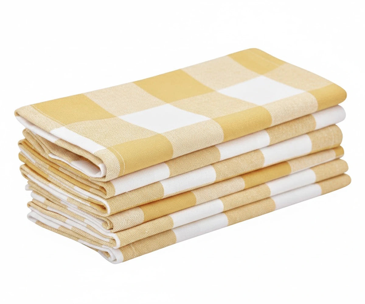 Pale yellow and white check cotton cloth napkins, folded stack of reusable gingham dinner napkins Pale yellow and white check cotton cloth napkins, folded stack of reusable gingham dinner napkins