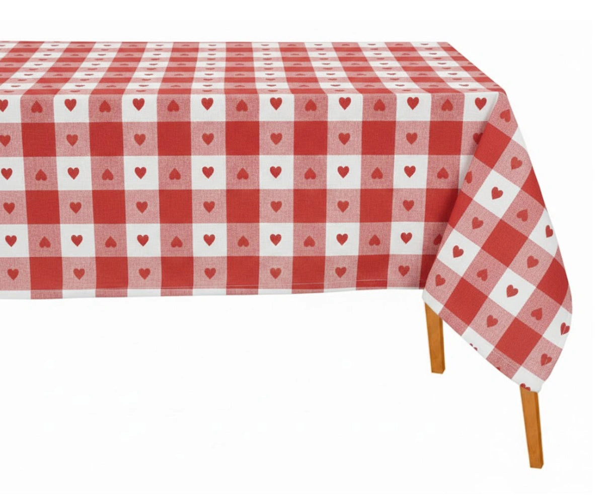 Red gingham tablecloth with white heart print Red gingham tablecloth with white heart print
