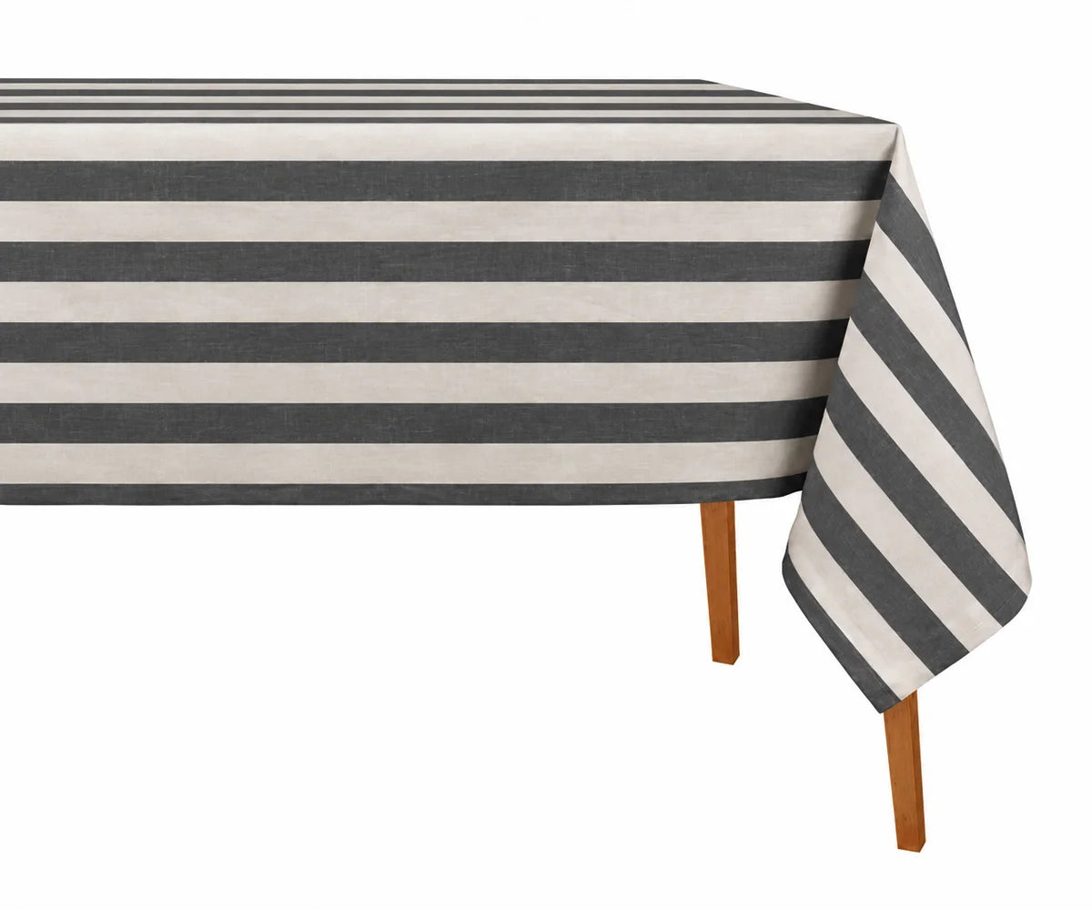 Charcoal cabana stripe cotton and linen blend tablecloth for elegant dining tables, featuring a breathable textured fabric Charcoal cabana stripe cotton and linen blend tablecloth for elegant dining tables, featuring a breathable textured fabric