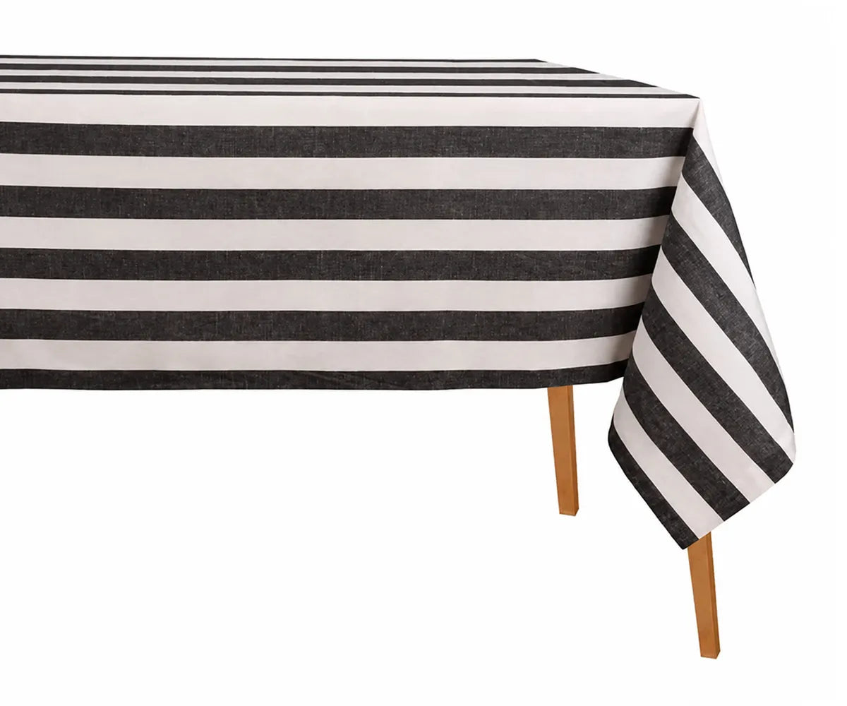 Premium cotton linen blend tablecloth featuring classic cabana stripes and refined hemstitch detailing Premium cotton linen blend tablecloth featuring classic cabana stripes and refined hemstitch detailing