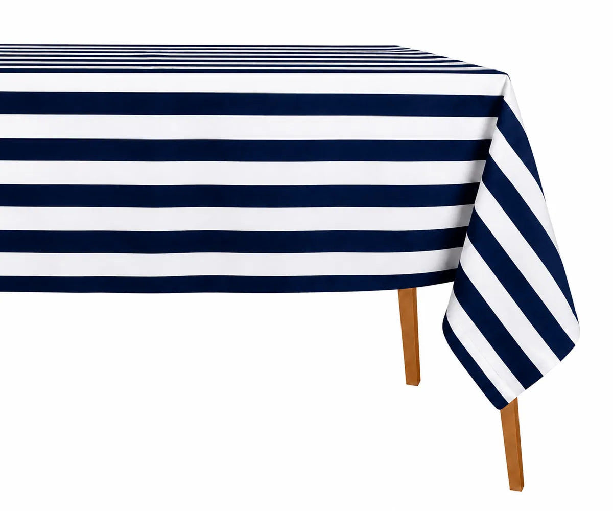 Navy blue cabana stripe cotton and linen blend tablecloth with timeless woven texture for elegant indoor and outdoor dining. Navy blue cabana stripe cotton and linen blend tablecloth with timeless woven texture for elegant indoor and outdoor dining.