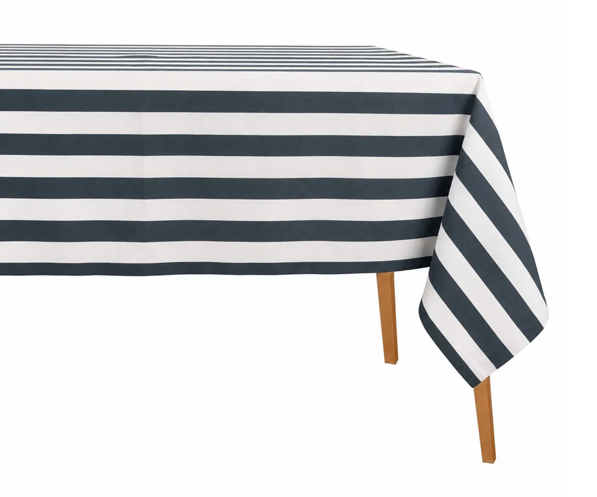 Breathable cotton and linen striped tablecloth in a rectangular design for farmhouse and coastal dining décor Breathable cotton and linen striped tablecloth in a rectangular design for farmhouse and coastal dining décor