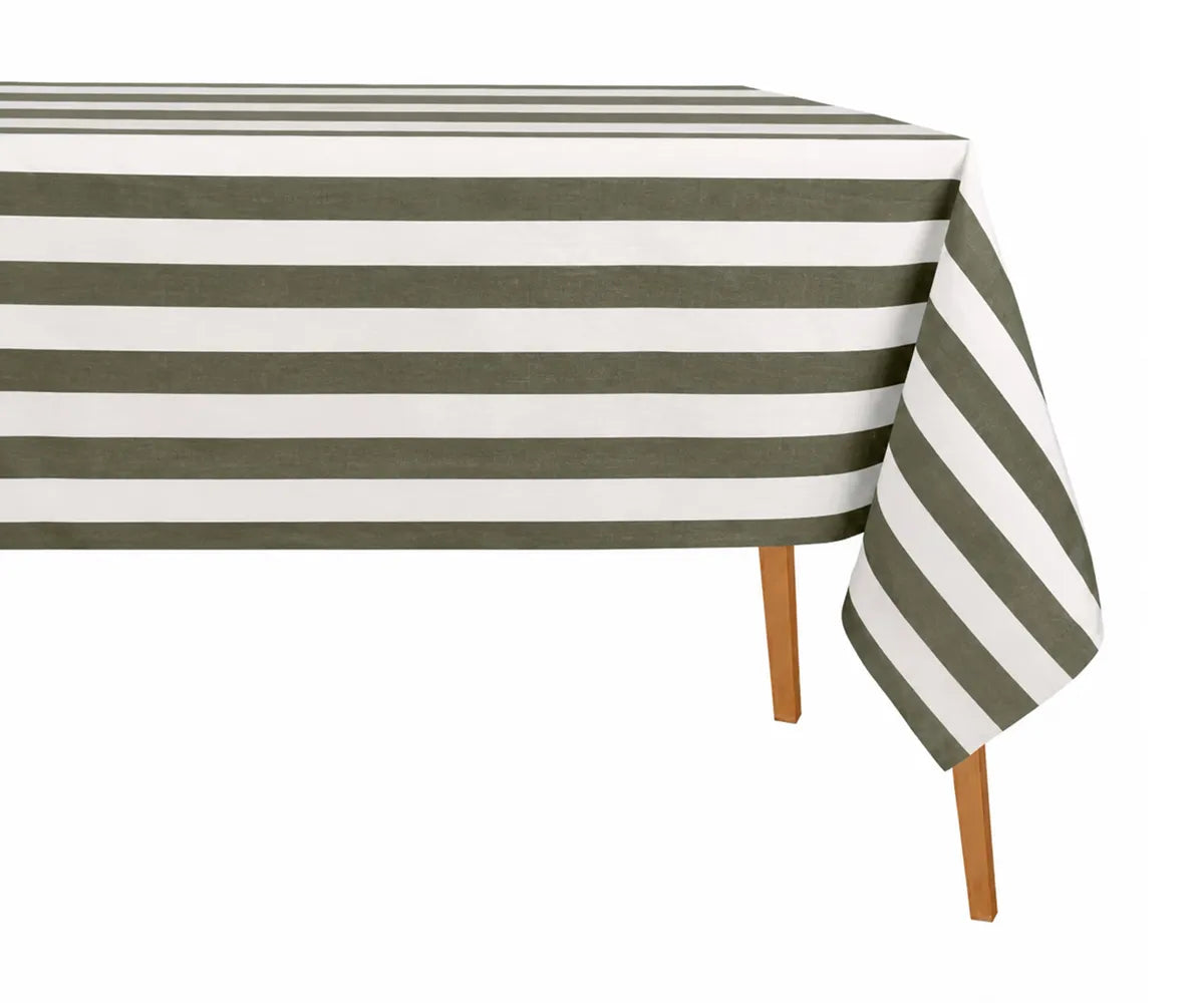 Coastal-inspired cotton linen striped tablecloth adding a relaxed and elegant touch to dining room décor Coastal-inspired cotton linen striped tablecloth adding a relaxed and elegant touch to dining room décor