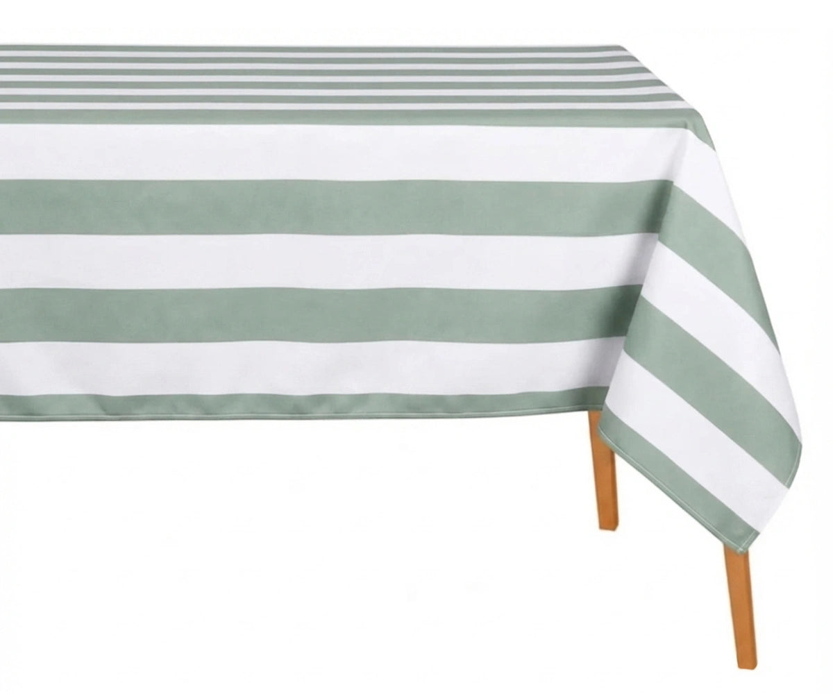 A rectangular table covered with a white tablecloth featuring wide sage horizontal stripes, shown with two wooden table legs visible against a plain white background. A rectangular table covered with a white tablecloth featuring wide sage horizontal stripes, shown with two wooden table legs visible against a plain white background.