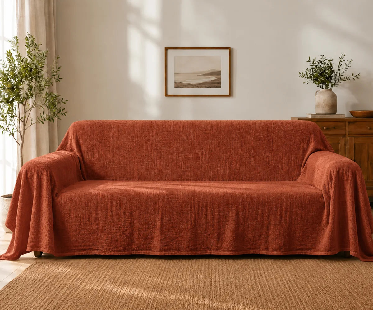 Rust cotton linen blend sofa cover, washable reusable couch cover for furniture protection, pet hair, dust, spills, and everyday wear Rust cotton linen blend sofa cover, washable reusable couch cover for furniture protection, pet hair, dust, spills, and everyday wear