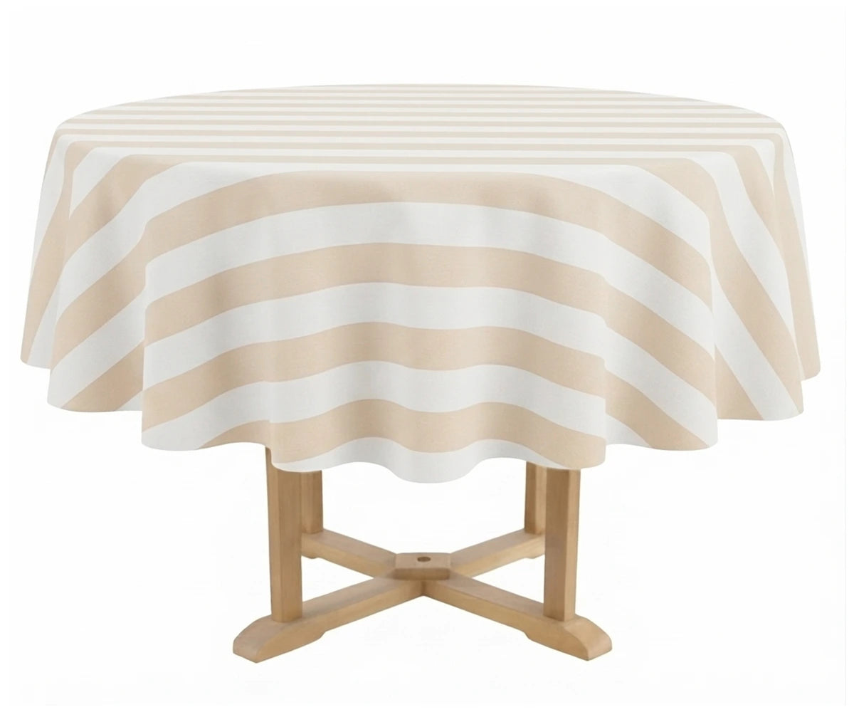 Round striped tablecloth in beige and white for dining table decor Round striped tablecloth in beige and white for dining table decor