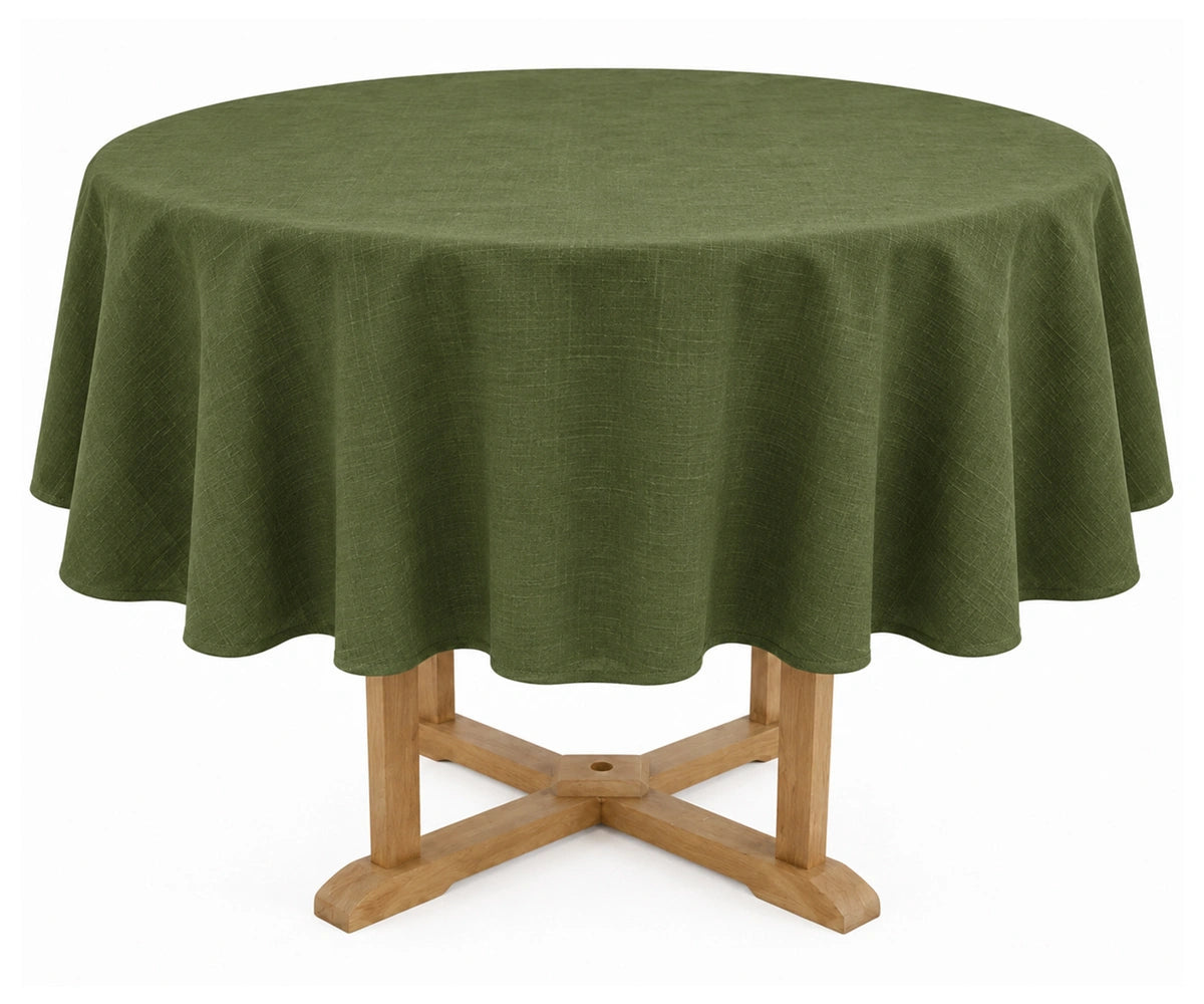 Olive cotton linen round tablecloth featuring a plain solid look, textured cotton linen fabric perfect for everyday and festive table settings Olive cotton linen round tablecloth featuring a plain solid look, textured cotton linen fabric perfect for everyday and festive table settings