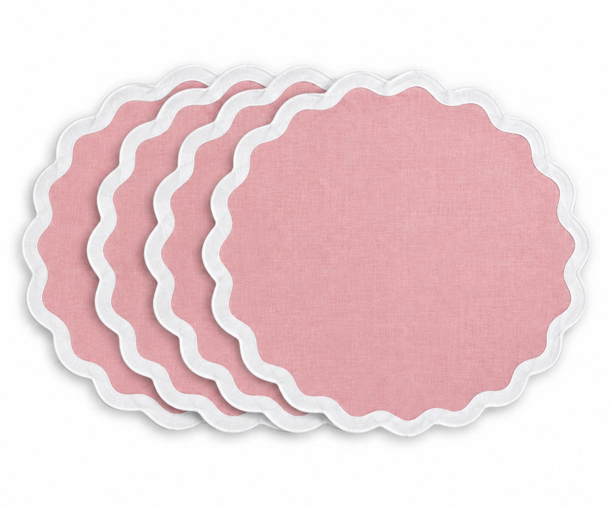 Solid peony pink cotton placemat with white scalloped edge trim, elegant fabric table mat for dining room decor, brunch tables, spring gatherings, everyday meals, and entertaining Solid peony pink cotton placemat with white scalloped edge trim, elegant fabric table mat for dining room decor, brunch tables, spring gatherings, everyday meals, and entertaining
