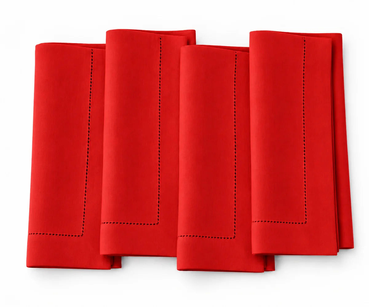 Bold poppy red cotton hemstitch napkins, reusable washable cloth dinner napkins for weddings, holiday tables, dinner parties, and everyday dining. Bold poppy red cotton hemstitch napkins, reusable washable cloth dinner napkins for weddings, holiday tables, dinner parties, and everyday dining.