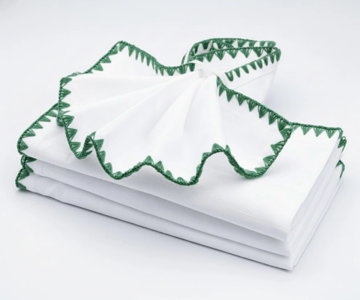 White cotton with triangle embroidered napkins with green thread – eco-friendly reusable table napkins White cotton with triangle embroidered napkins with green thread – eco-friendly reusable table napkins