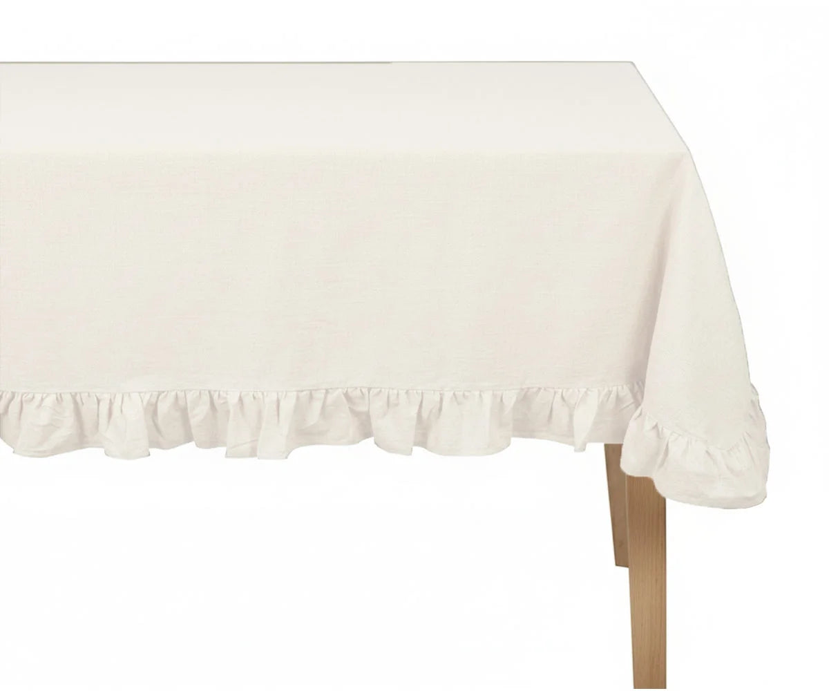 Decorative cotton tablecloth with ruffled border and graceful drape, farmhouse-inspired rectangle table linen for weddings and home decor Decorative cotton tablecloth with ruffled border and graceful drape, farmhouse-inspired rectangle table linen for weddings and home decor
