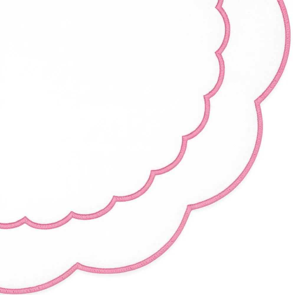 Elegant white round cotton placemat featuring scalloped edges and floral peony embroidered details Elegant white round cotton placemat featuring scalloped edges and floral peony embroidered details