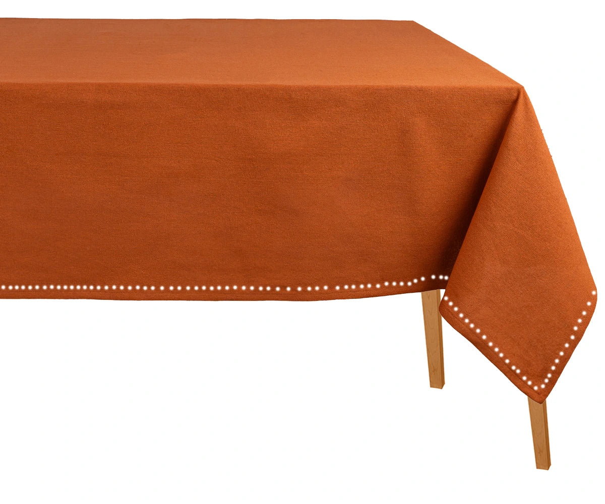 Rust hemstitch cotton tablecloth for rectangular dining tables, elegant 100% cotton fabric perfect for weddings, holidays, and everyday décor. Rust hemstitch cotton tablecloth for rectangular dining tables, elegant 100% cotton fabric perfect for weddings, holidays, and everyday décor.