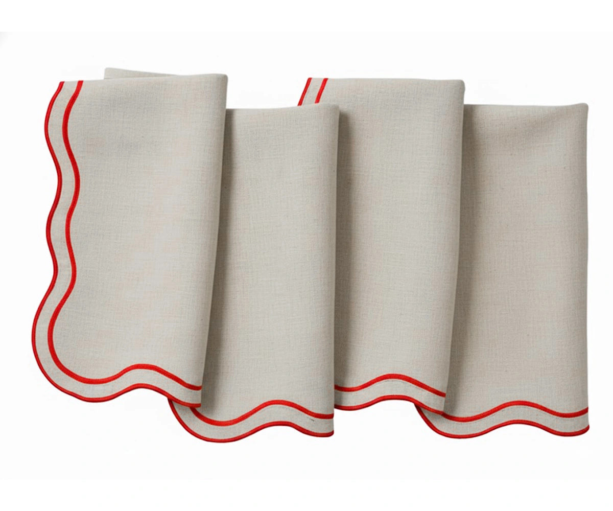 Natural cotton scalloped napkins with red border, bulk dining table napkins, elegant everyday table decor Natural cotton scalloped napkins with red border, bulk dining table napkins, elegant everyday table decor