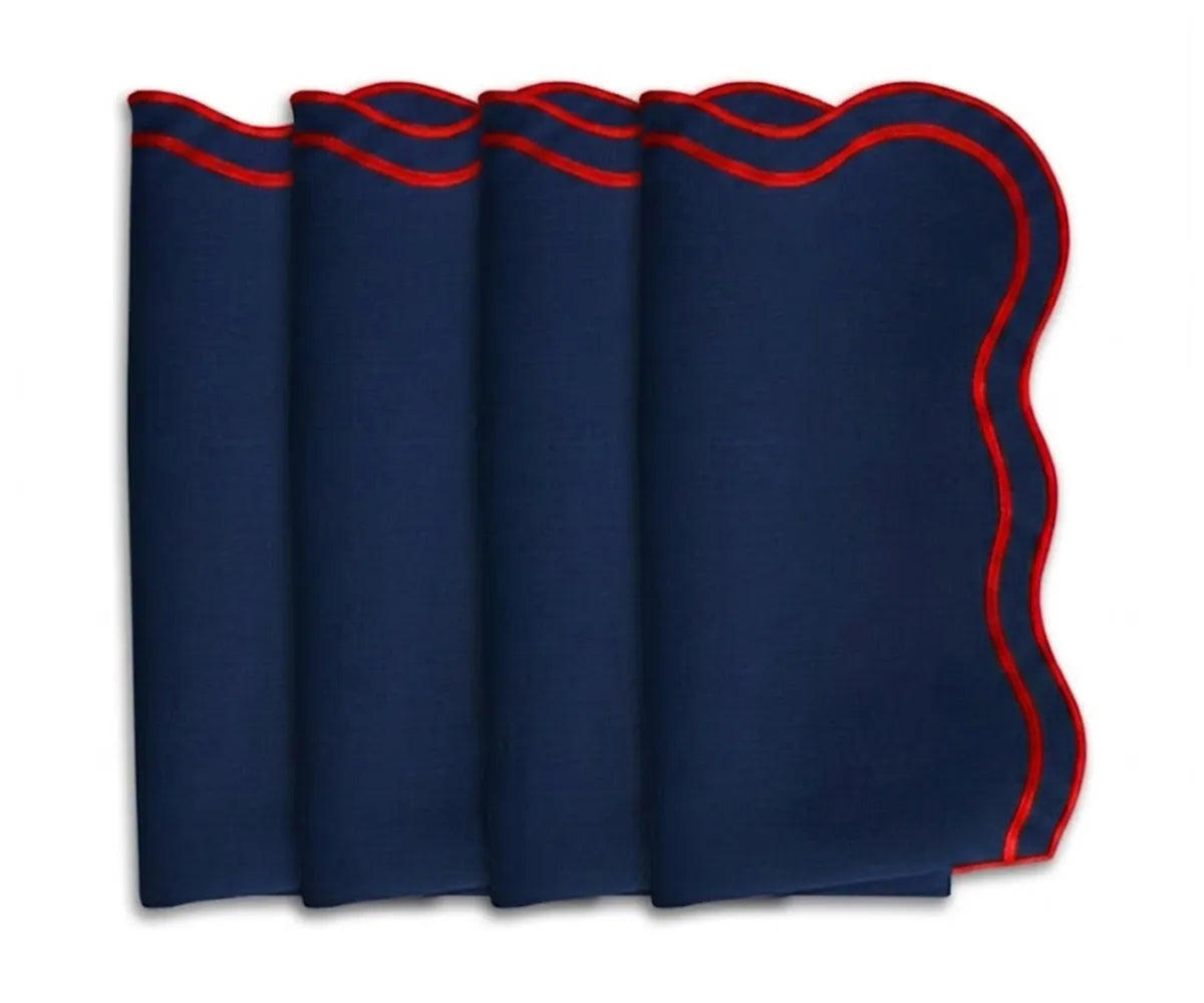 Navy cotton scalloped napkins with red trim, elegant reusable cloth napkins for dining table decor Navy cotton scalloped napkins with red trim, elegant reusable cloth napkins for dining table decor