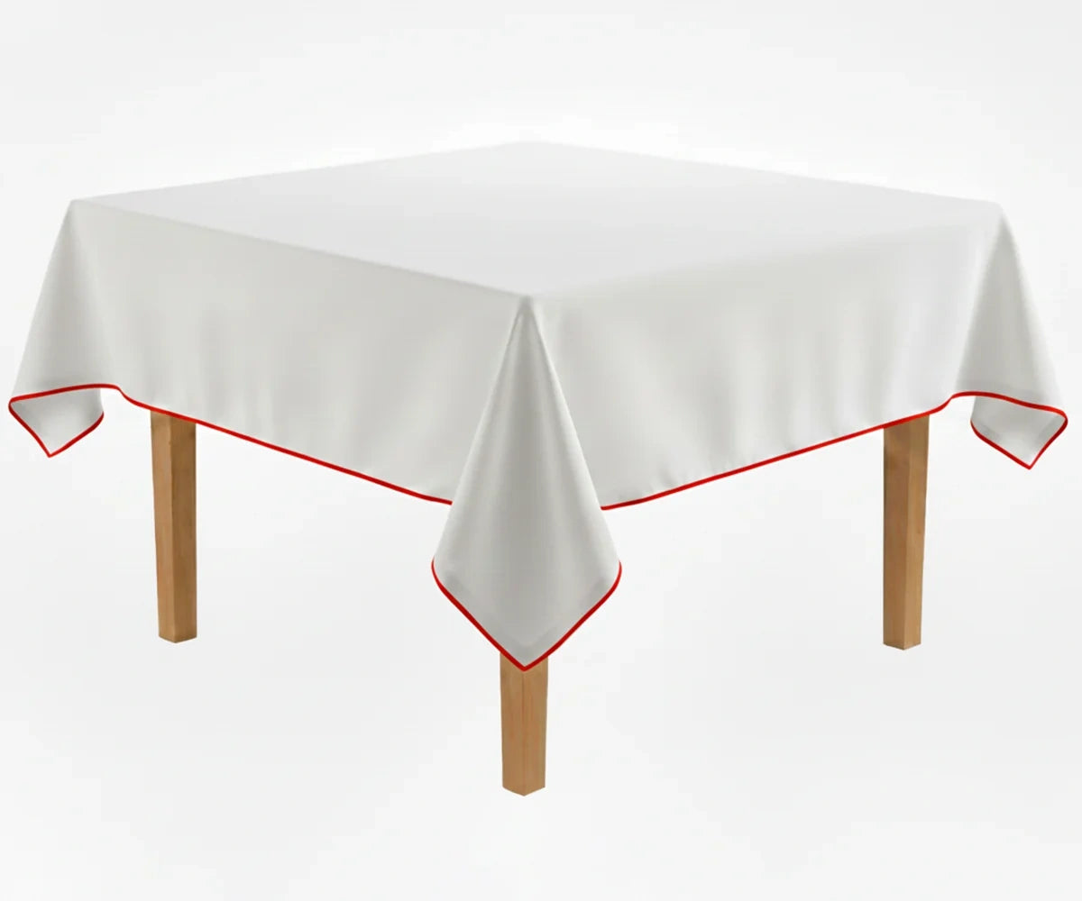 White cotton tablecloth with red piping trim White cotton tablecloth with red piping trim