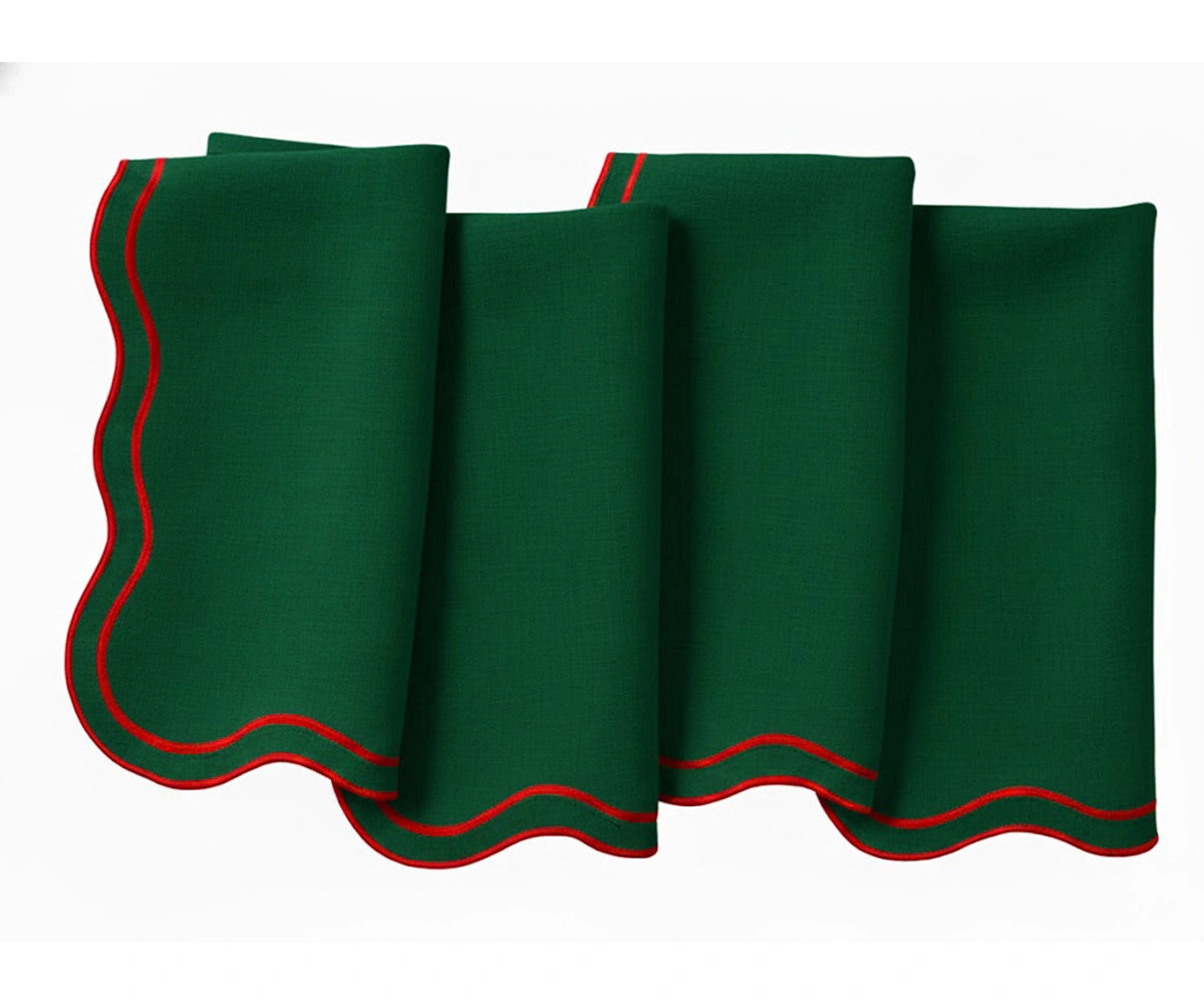Green cotton scalloped napkins with red border, festive reusable cloth napkins for holiday dining table Green cotton scalloped napkins with red border, festive reusable cloth napkins for holiday dining table