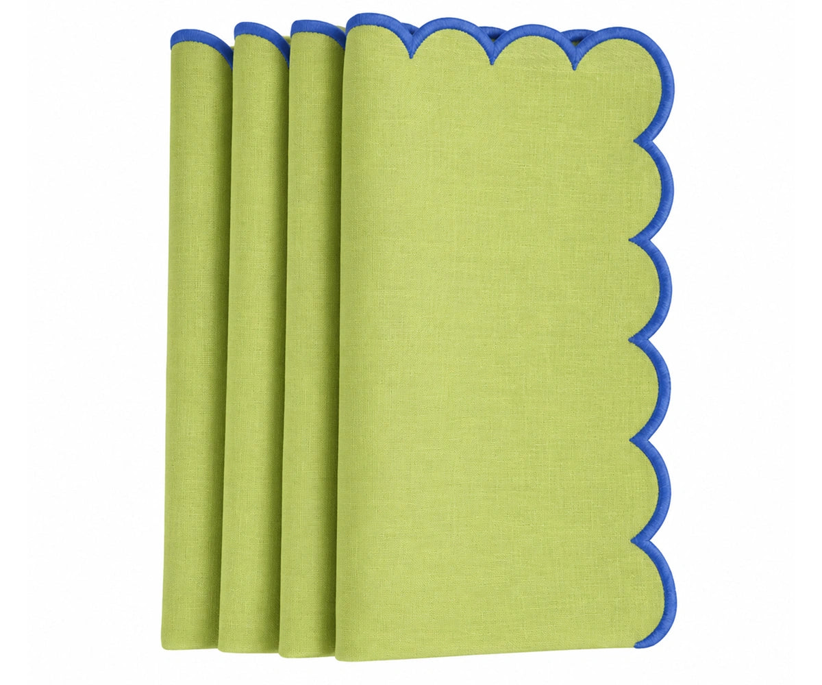 Green cotton napkin with blue scalloped edge, decorative cloth dinner napkin for dining tables Green cotton napkin with blue scalloped edge, decorative cloth dinner napkin for dining tables