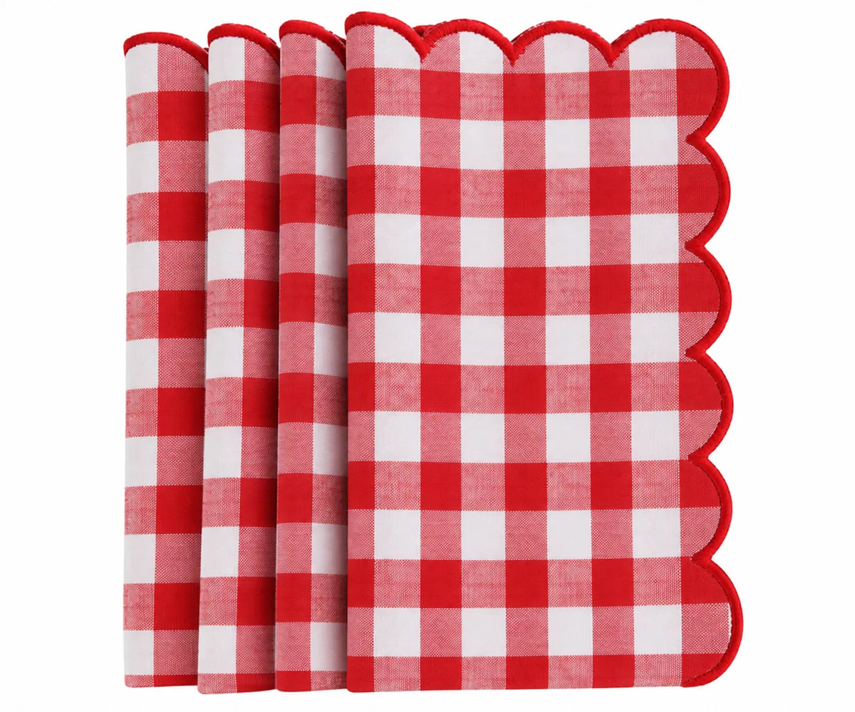 Set of Red and white gingham cotton dinner napkins with red scalloped embroidered edges Set of Red and white gingham cotton dinner napkins with red scalloped embroidered edges