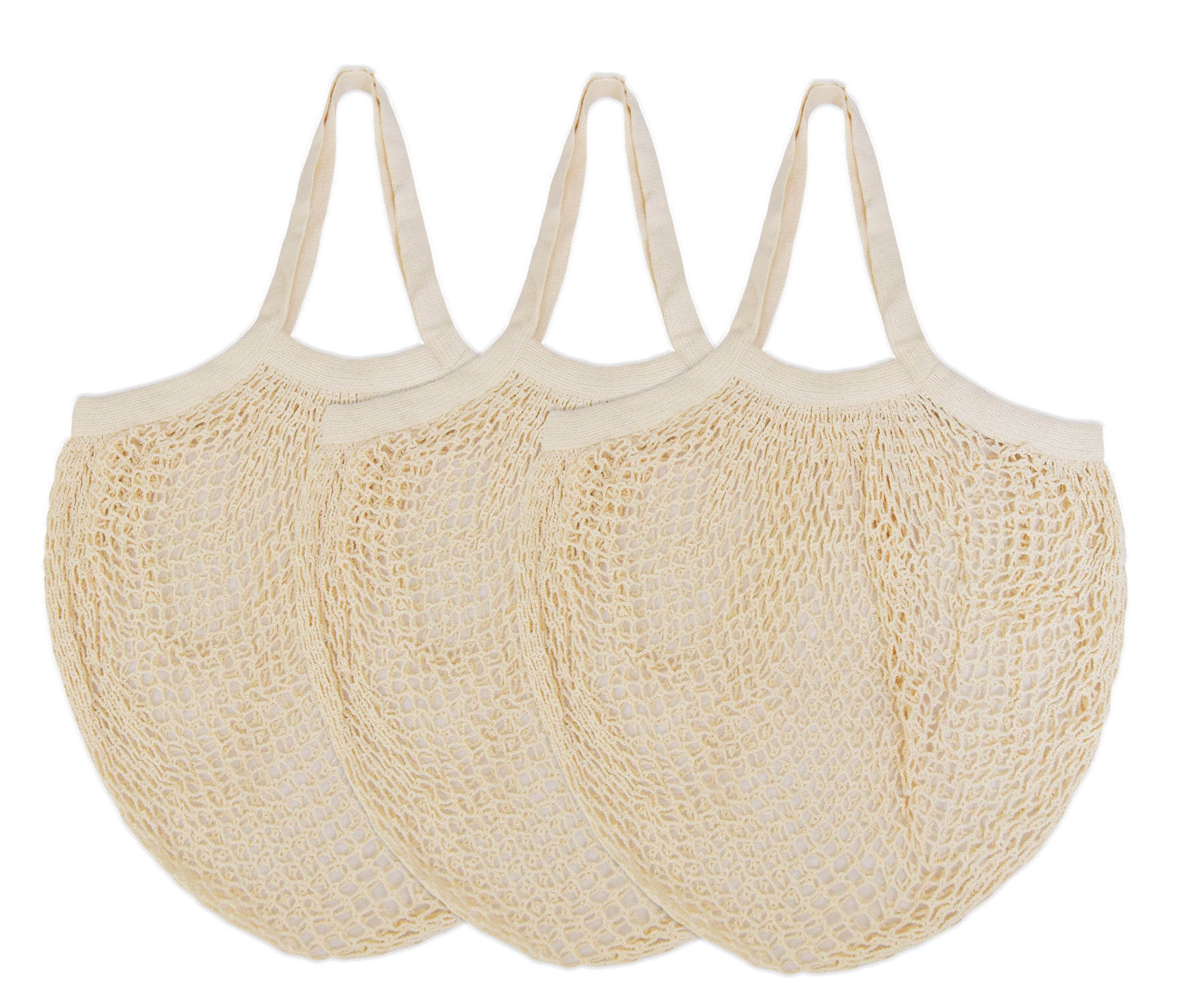 A trio of cotton string bags displayed on a clean white surface A trio of cotton string bags displayed on a clean white surface
