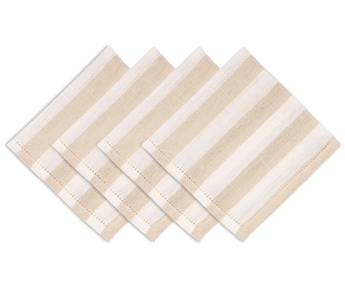 Hemstitched striped dinner napkins made from a cotton linen blend for daily use Hemstitched striped dinner napkins made from a cotton linen blend for daily use