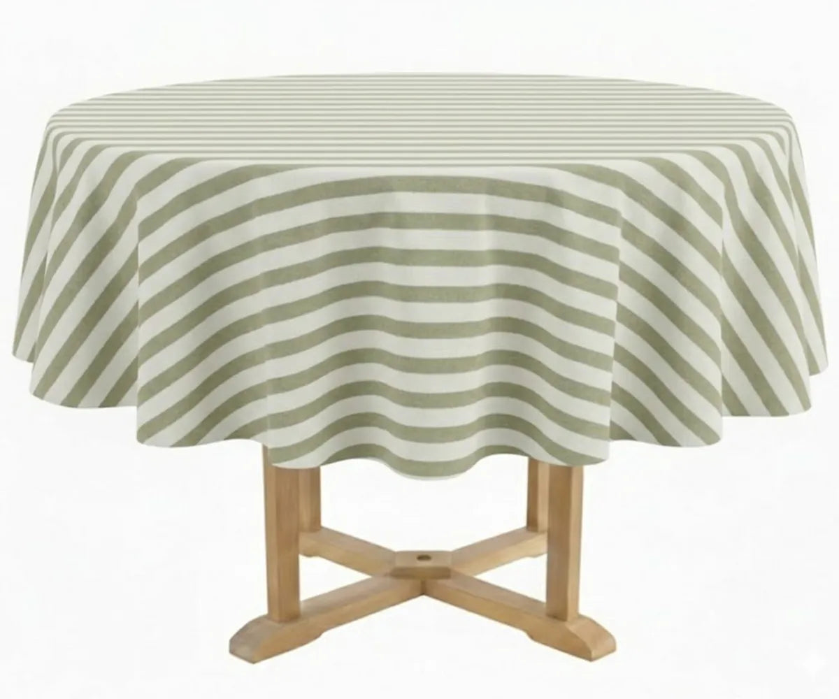 54-inch round green and white striped cotton tablecloth for farmhouse dining table with woven natural fabric. 54-inch round green and white striped cotton tablecloth for farmhouse dining table with woven natural fabric.