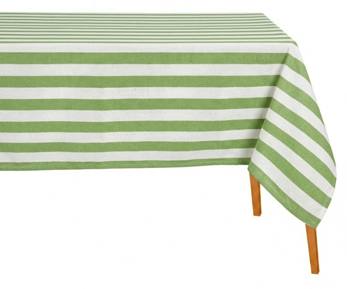 Green and white striped rectangle tablecloth in 100% cotton for rustic table setting Green and white striped rectangle tablecloth in 100% cotton for rustic table setting