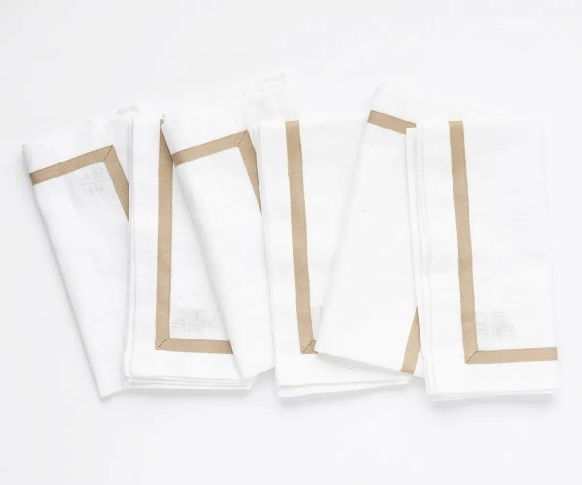100% cotton dinner napkins with a bordered design, reusable white cloth napkins for everyday dining, weddings, holiday tables, restaurants, and farmhouse table décor. 100% cotton dinner napkins with a bordered design, reusable white cloth napkins for everyday dining, weddings, holiday tables, restaurants, and farmhouse table décor.