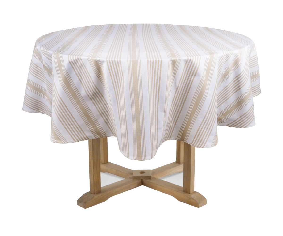 Beige and white round tablecloth made from 100% cotton with classic French stripes Beige and white round tablecloth made from 100% cotton with classic French stripes