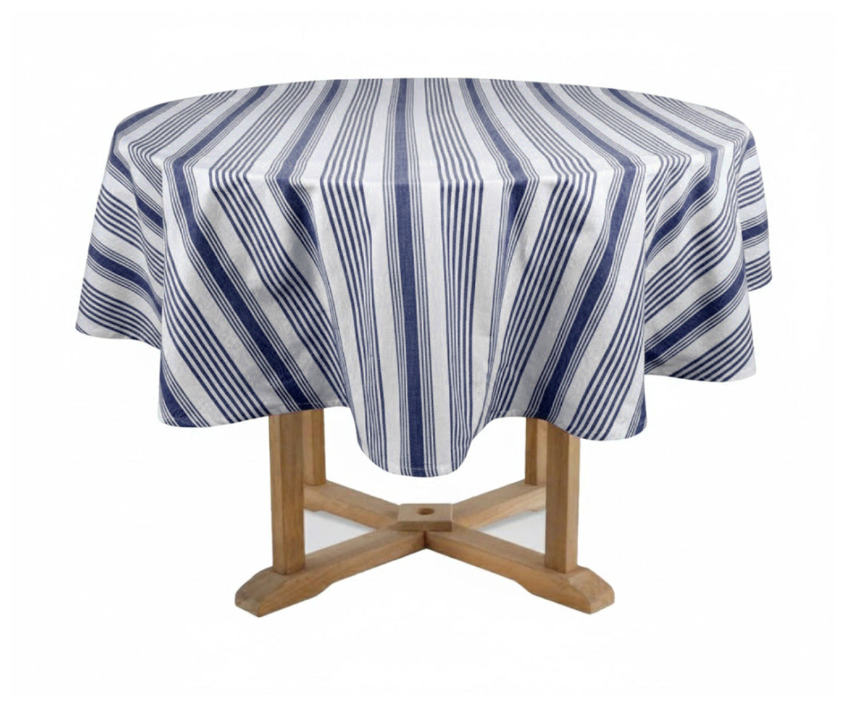 Modern farmhouse navy and white round tablecloth made from breathable cotton Modern farmhouse navy and white round tablecloth made from breathable cotton