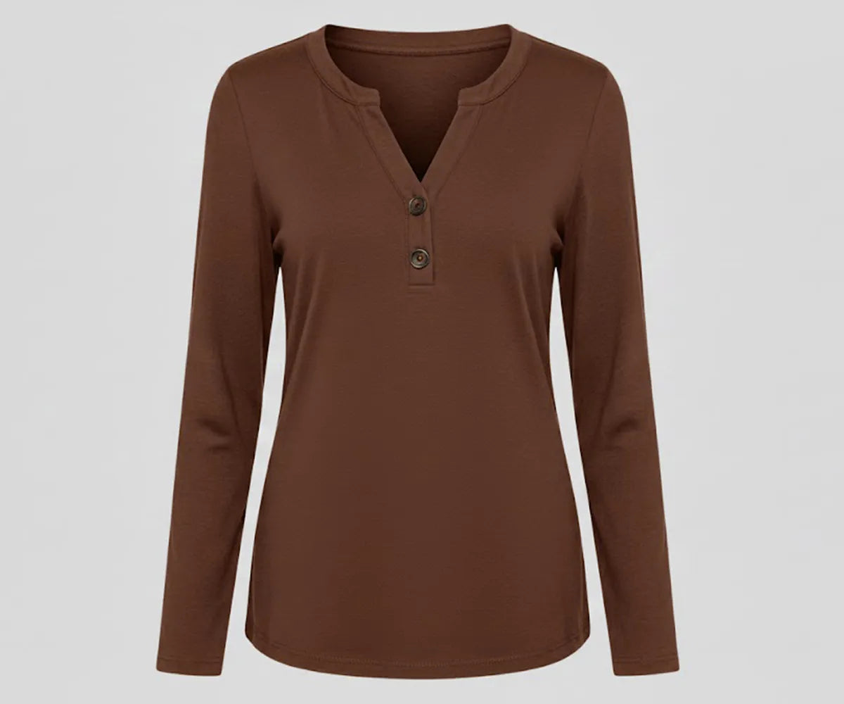 Women’s brown V-neck organic cotton full sleeve t-shirt highlighting a warm, earthy shade for relaxed everyday styling. Women’s brown V-neck organic cotton full sleeve t-shirt highlighting a warm, earthy shade for relaxed everyday styling.