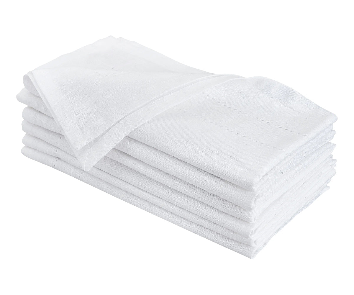 White cotton dinner napkins with double hemstitch design White cotton dinner napkins with double hemstitch design