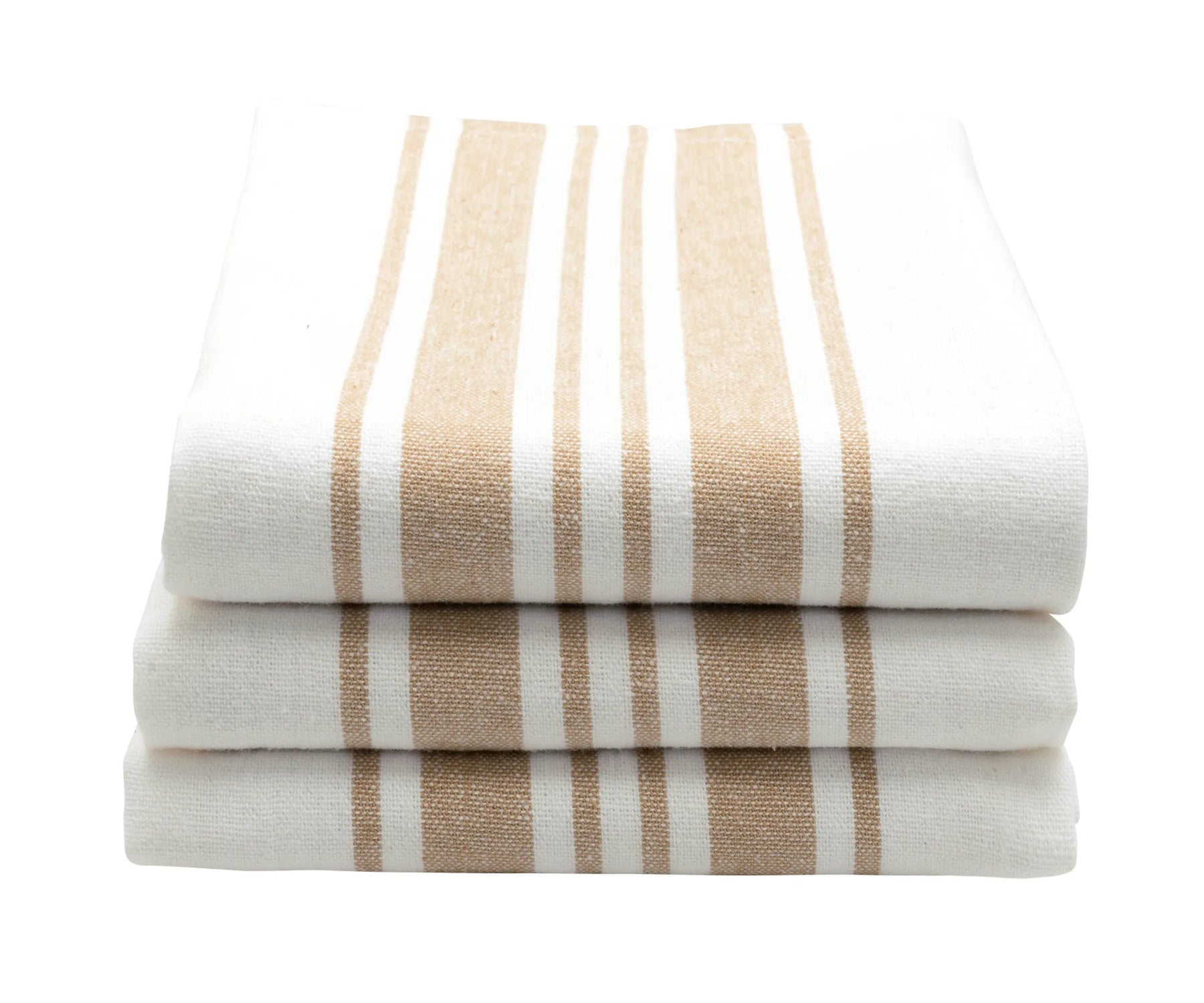 Beige and cream country stripes dishtowel placed on a dining table. Beige and cream country stripes dishtowel placed on a dining table.