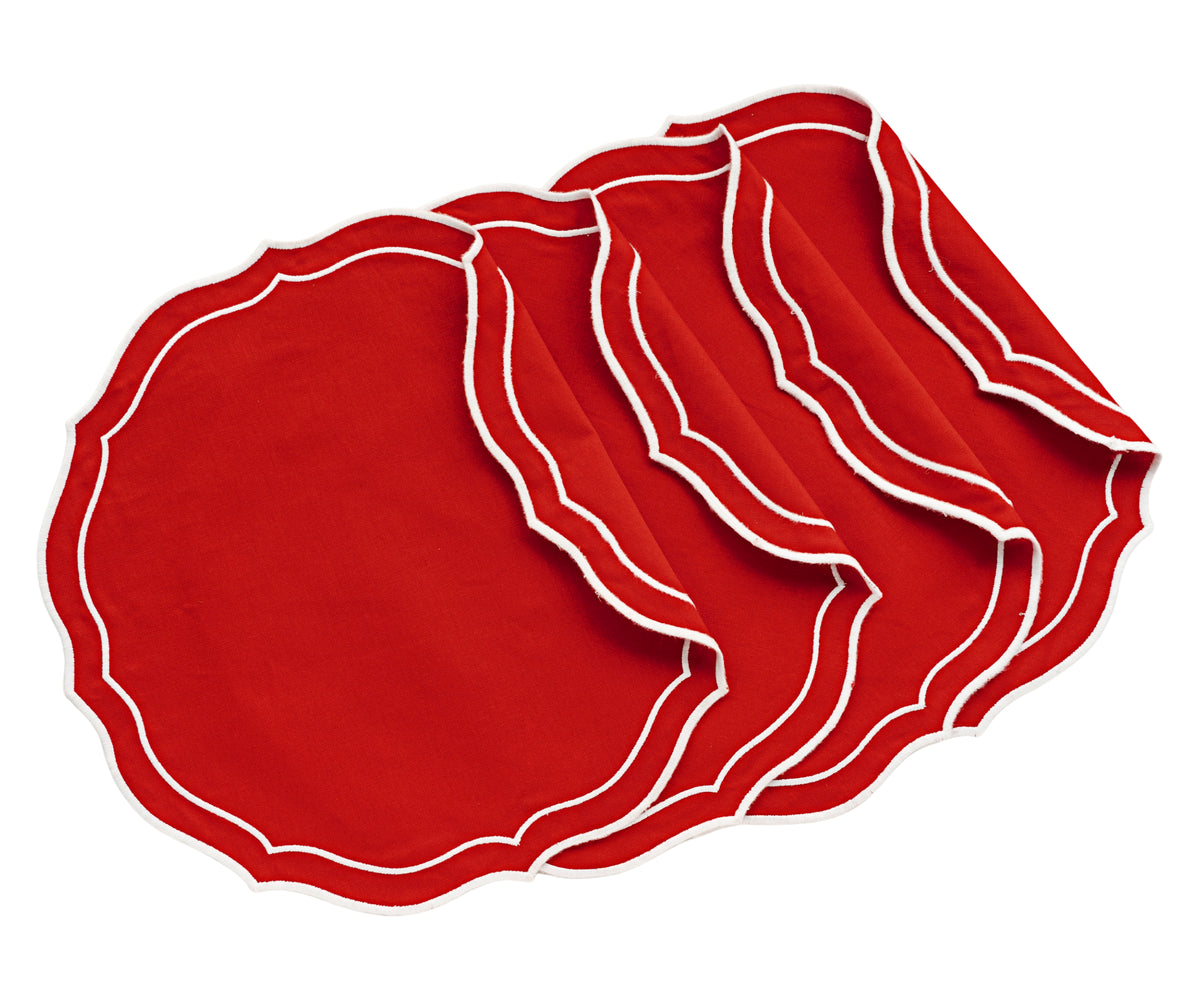 Elegant red round placemat with a shimmering finish, ideal for festive table settings. Elegant red round placemat with a shimmering finish, ideal for festive table settings.