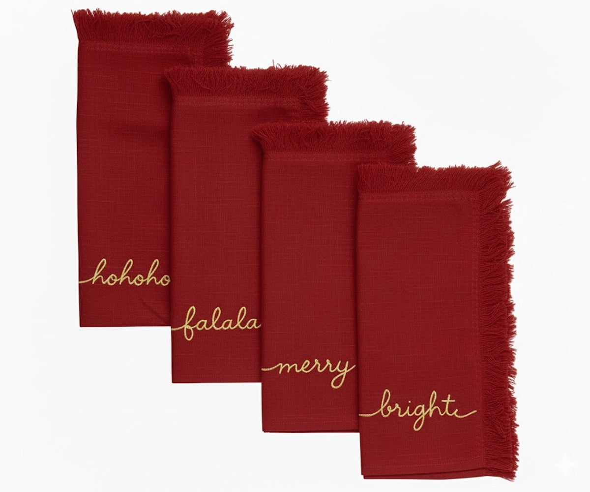Dark red cotton napkins with gold embroidered words Ho Ho Ho, Fa La La, Merry & Bright – elegant holiday Dark red cotton napkins with gold embroidered words Ho Ho Ho, Fa La La, Merry & Bright – elegant holiday