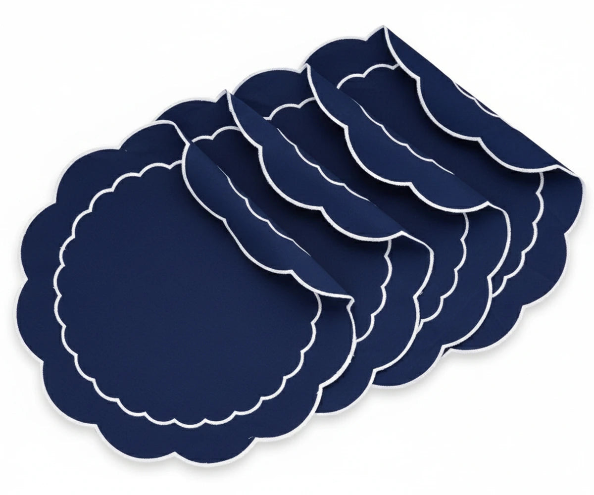 Round navy blue placemats with white trim for dining table Round navy blue placemats with white trim for dining table