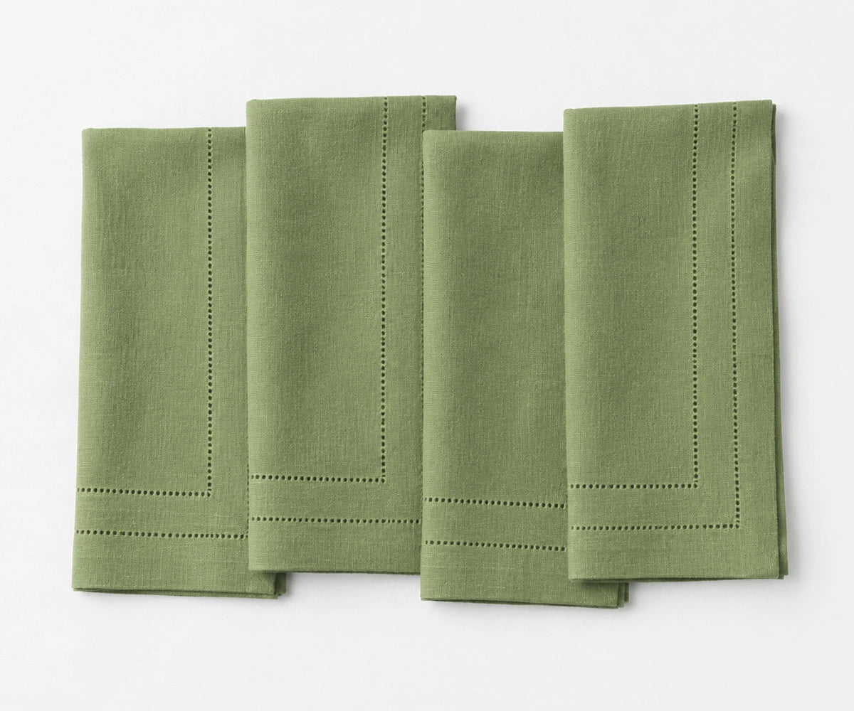 Willow Green linen napkins made from 100% linen with double hemstitch detailing, reusable cloth dinner napkins for farmhouse and everyday dining. Willow Green linen napkins made from 100% linen with double hemstitch detailing, reusable cloth dinner napkins for farmhouse and everyday dining.