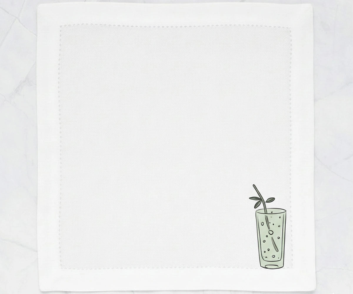 white printed cloth napkins featuring elegant corner drink illustration, reusable cotton napkins designed for home bars, dinner parties, casual entertaining, and modern table décor white printed cloth napkins featuring elegant corner drink illustration, reusable cotton napkins designed for home bars, dinner parties, casual entertaining, and modern table décor