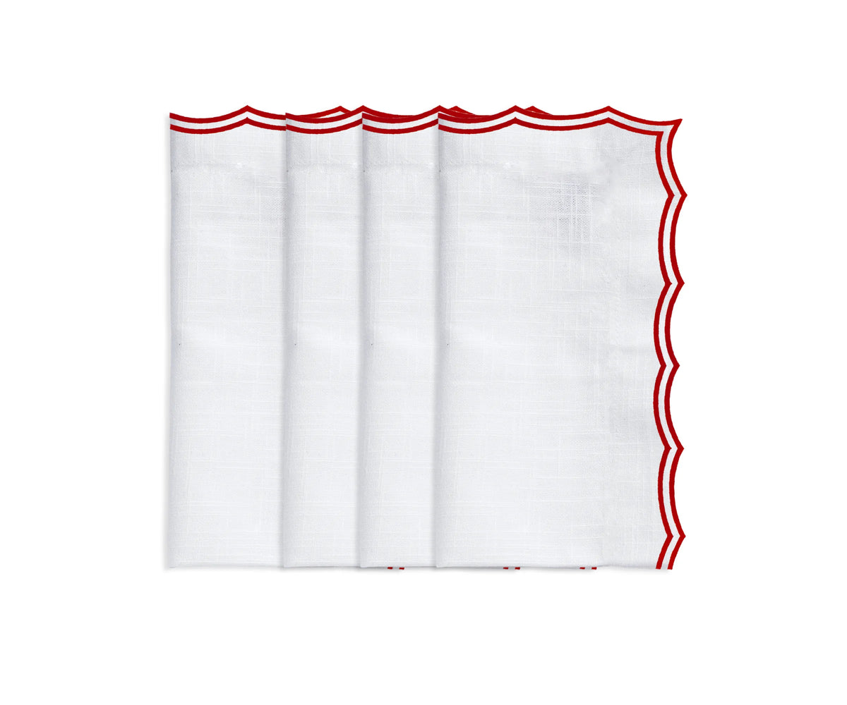 Close-up of scalloped edge red cotton dinner napkin embroidery Close-up of scalloped edge red cotton dinner napkin embroidery