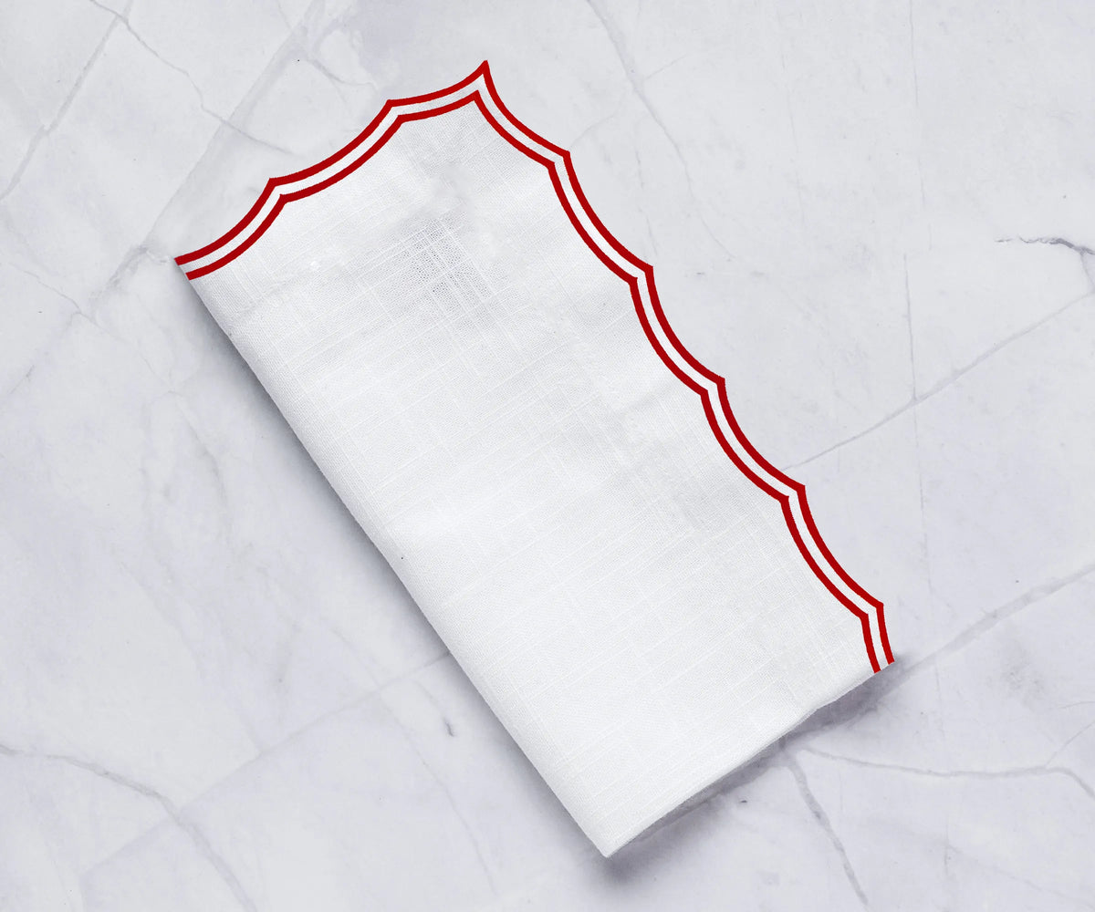 Red embroidered cotton napkins set of 12 with scalloped edges Red embroidered cotton napkins set of 12 with scalloped edges