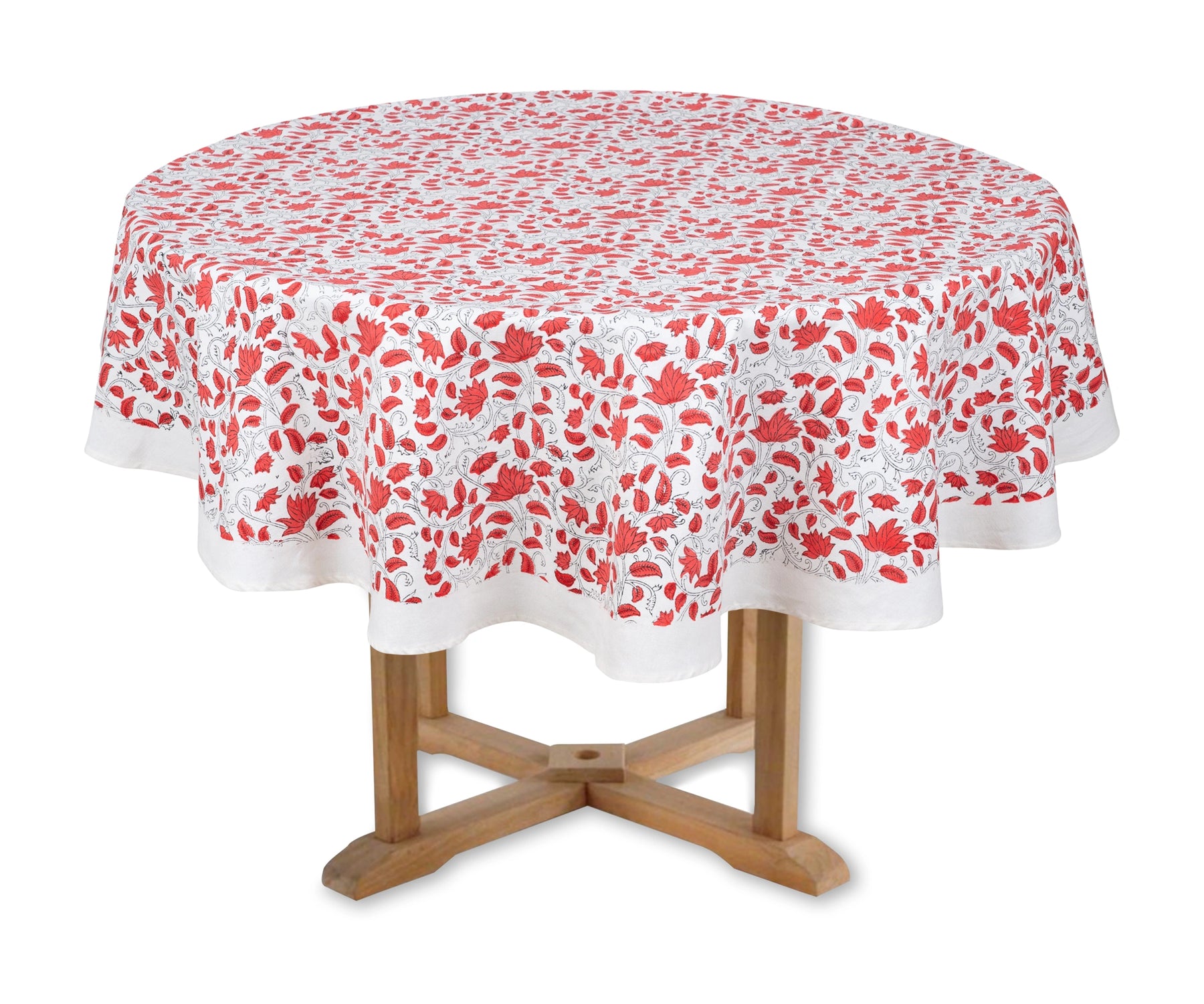 Bohemian round tablecloth with red block print flowers Bohemian round tablecloth with red block print flowers