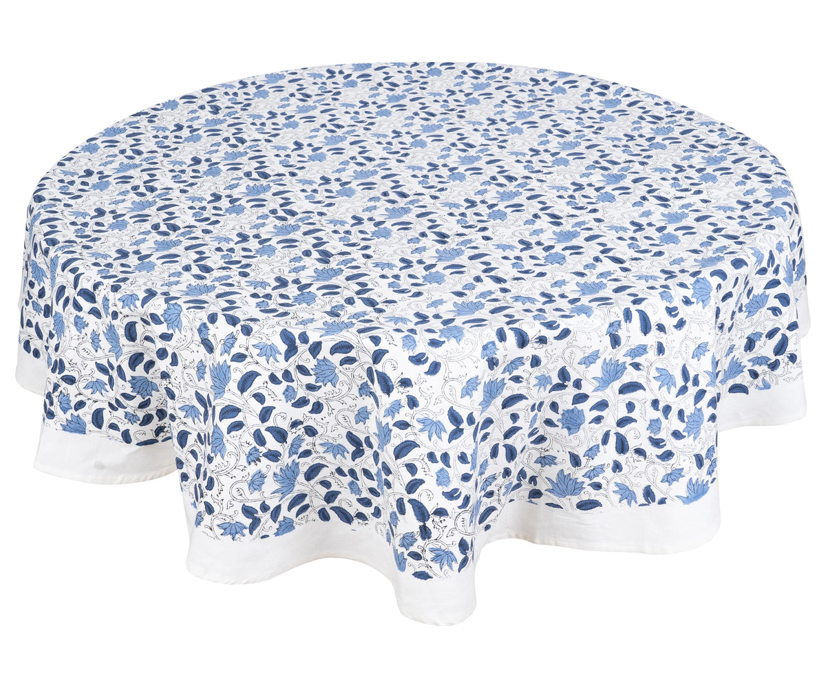 60-inch round blue floral cotton tablecloth with traditional block print 60-inch round blue floral cotton tablecloth with traditional block print