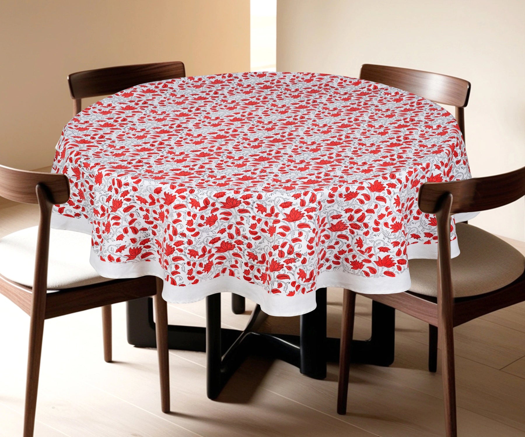 60-inch round red floral cotton tablecloth with block print 60-inch round red floral cotton tablecloth with block print