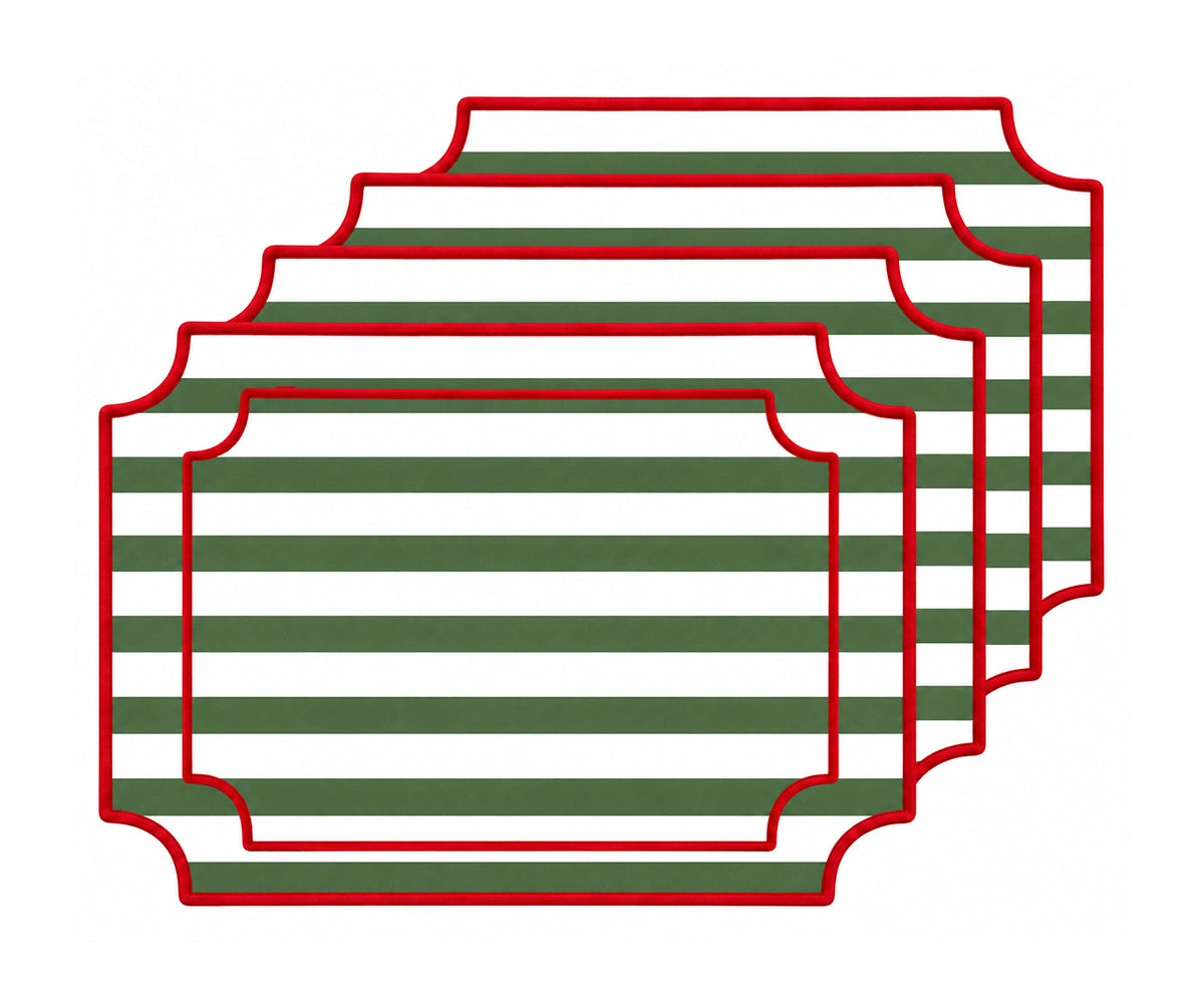 Forest green and white striped cotton placemats with red piping, stylish washable placemats for dining table and kitchen deco Forest green and white striped cotton placemats with red piping, stylish washable placemats for dining table and kitchen deco