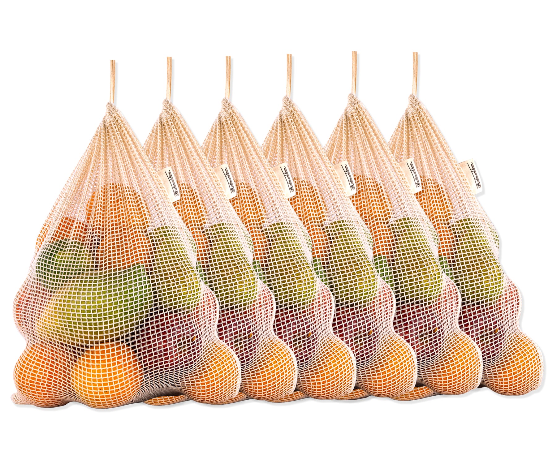 Grocery bags: Mesh BAgs: A collection of six filled reusable mesh produce bags arranged for display. Grocery bags: Mesh BAgs: A collection of six filled reusable mesh produce bags arranged for display.