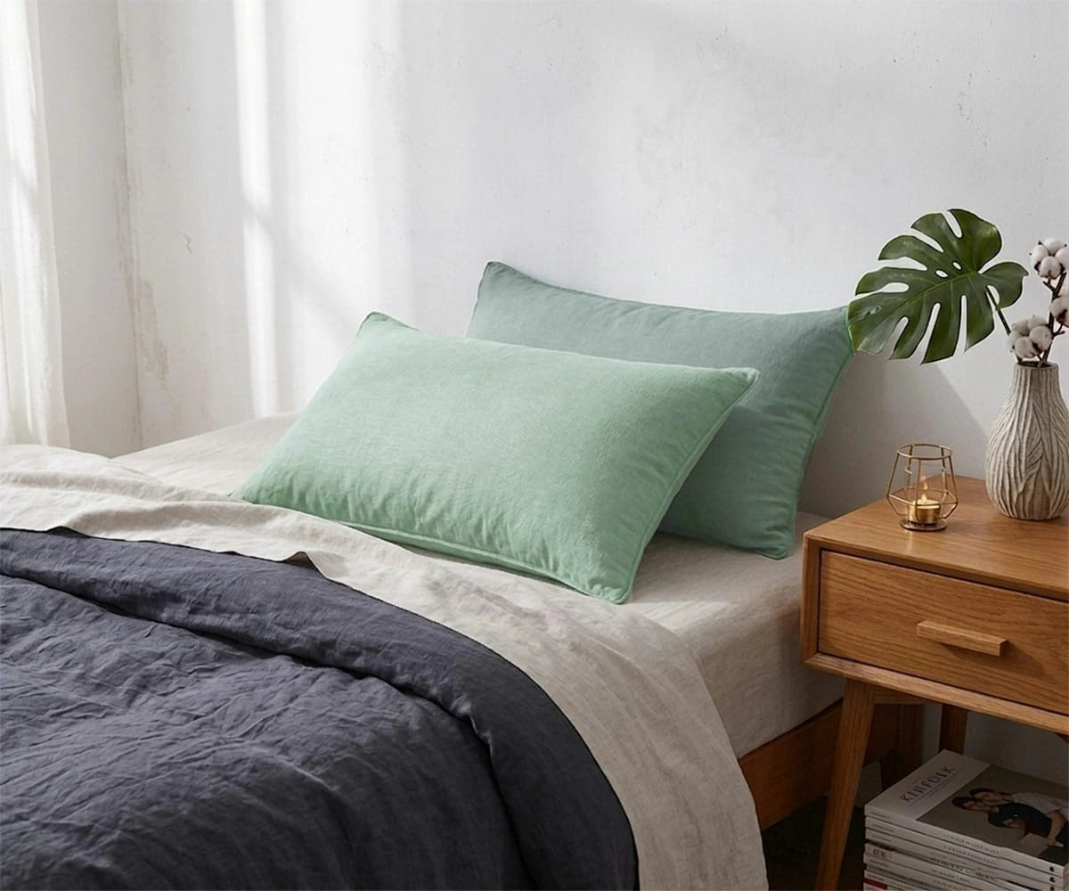 Green cotton pillowcases on a modern bed with neutral bedding and wooden bedside table Green cotton pillowcases on a modern bed with neutral bedding and wooden bedside table