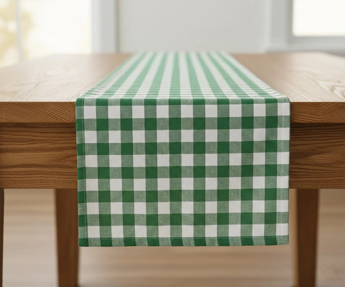 Buffalo checked table runner fabric in sage green and white check pattern Buffalo checked table runner fabric in sage green and white check pattern